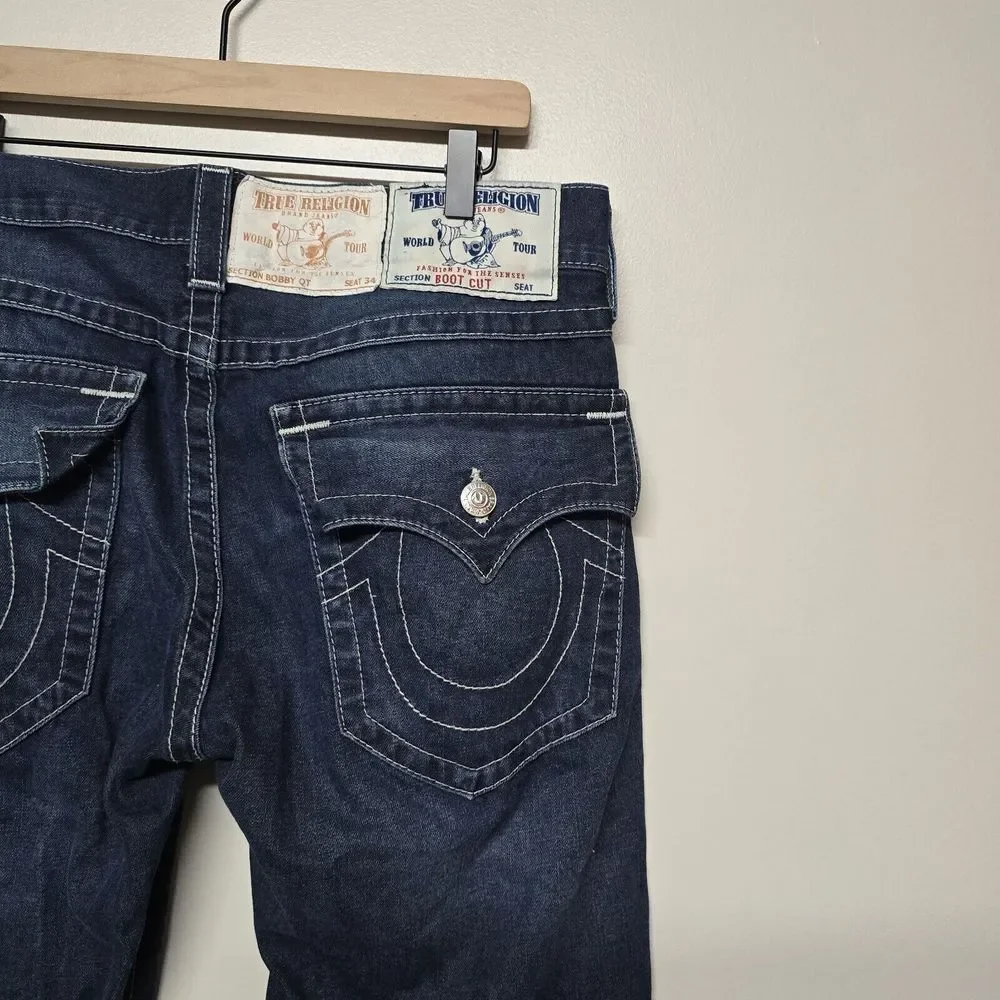 True Religion Mens Knee Patchwork Bootcut‎ With Flap Dark Wash Denim Jeans Sz 34